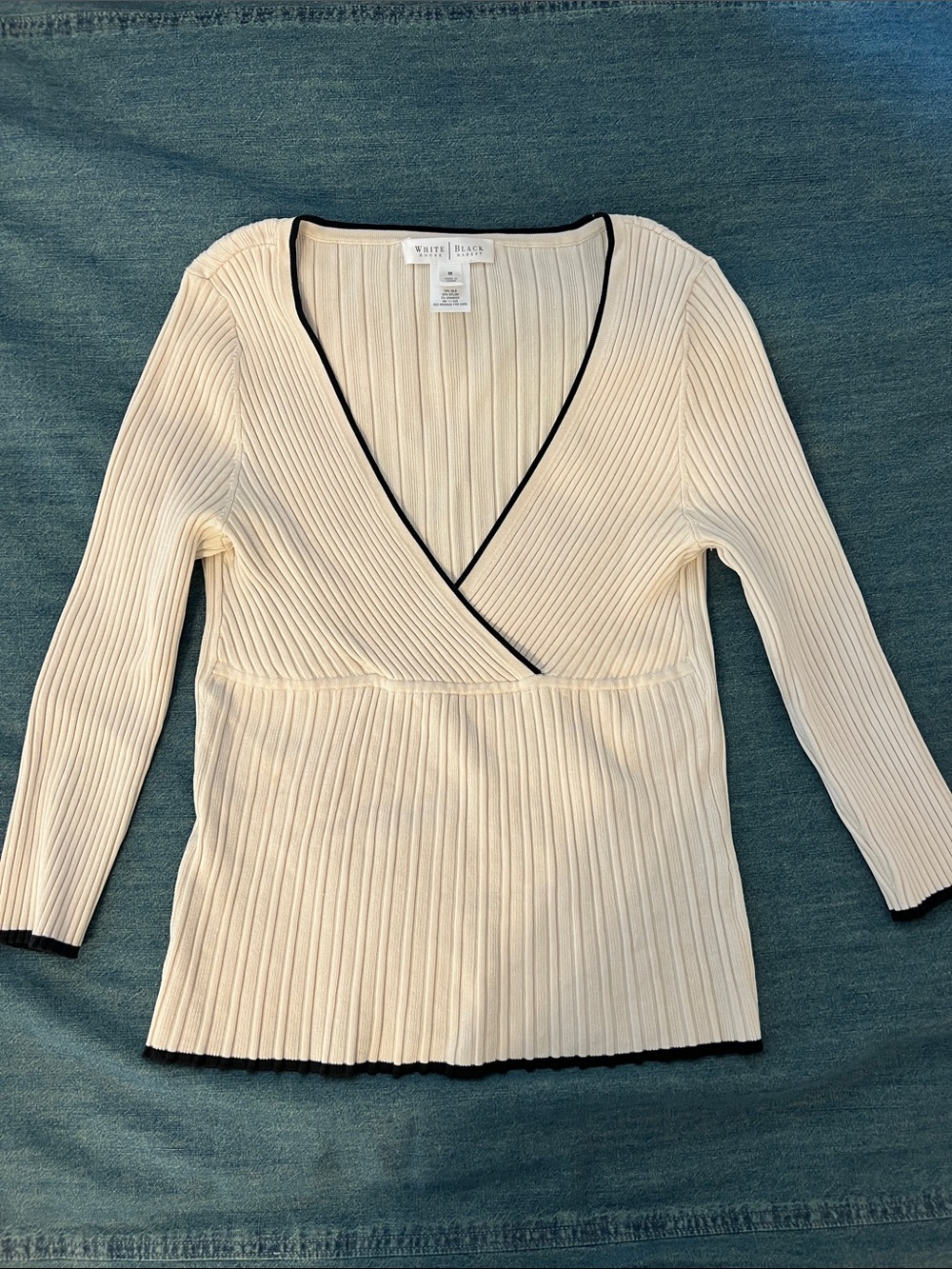 White House Black Market Ivory Ribbed Wrap-Style Top with Black Trim